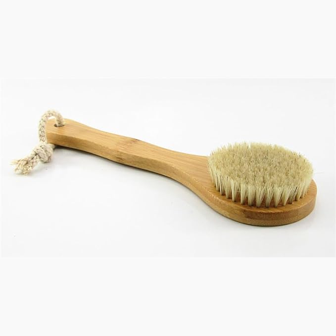 HiKin 9.84" Short Handle Dry Body Brush Back Scrubber, Bamboo Handle and Natural Boar Bristles Bath & Shower Brush, Good for Blood Circulation, Exfoliating, Cellulite and Detox, etc.