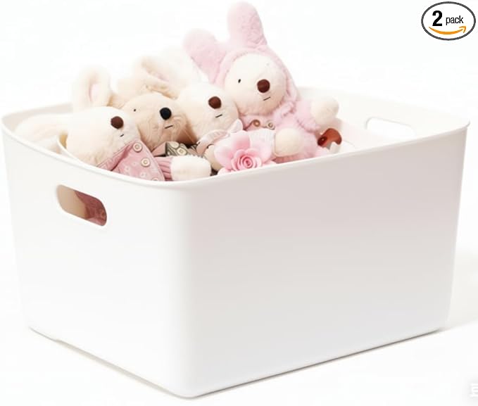 Ytteve White 2-Pack Large Plastic Storage Bins with Handles, 14.2" x 10" x 6.3" Stackable Organizer Containers for Closet, Shelves, Drawers, Office & Classroom