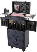 SuiYuLn Professional Rolling Makeup Case for Hairstylists - Large Retro Train Case Trolley with Combination Lock & Metal Wheels,Mobile Storage Organizer for Barber,Cosmetology Tools&Cosmetics (Blue)