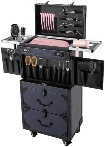 SuiYuLn Professional Rolling Makeup Case for Hairstylists - Large Retro Train Case Trolley with Combination Lock & Metal Wheels,Mobile Storage Organizer for Barber,Cosmetology Tools&Cosmetics (Blue)