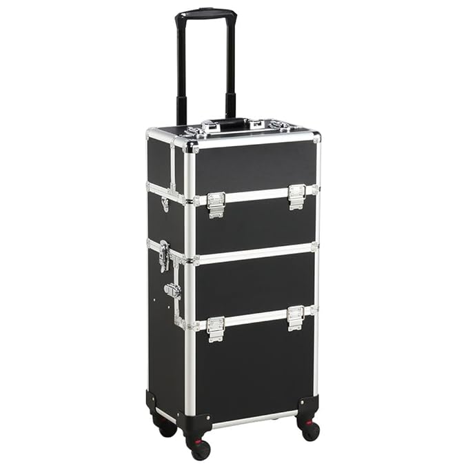 Yaheetech Rolling Makeup Train Case, Cosmetology Nail Organizer, Black