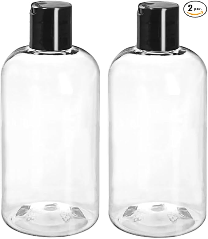 ljdeals 8 oz Clear Plastic Empty Bottles with Black Disc Top Caps, Squeezable Refillable Containers for Shampoo, Lotions, Cream and More, Pack of 2, BPA Free, Made in USA