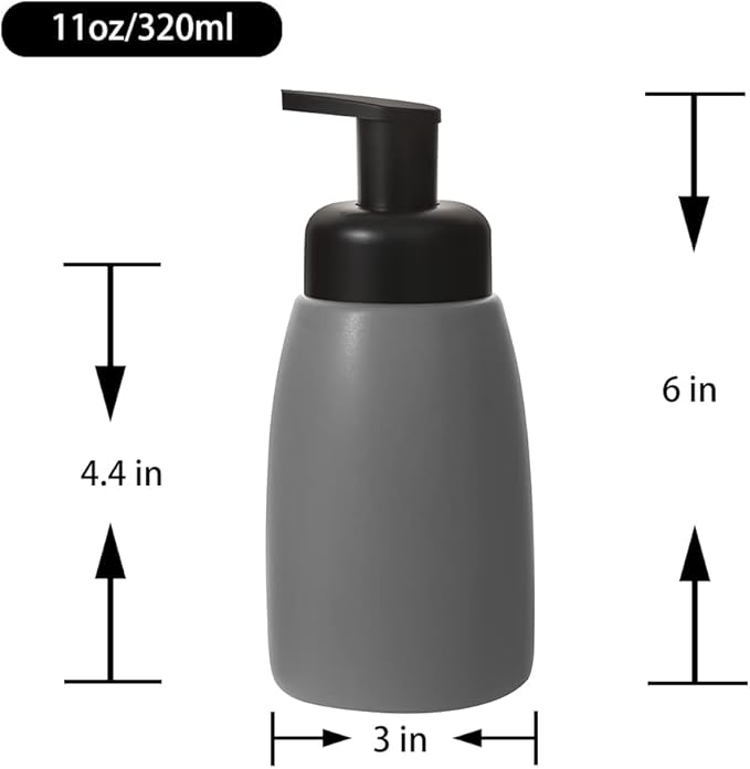 Foaming Hand Soap Dispenser Ceramic Jar Foam Dish Soap Dispenser for Bathroom and Kitchen Sink, Liquid Pump Bottle for Shampoo, Body Wash, Hand Soap, Grey, 2 Pack