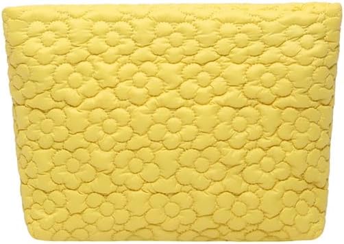 HFLZBRO Puffy Quilted Makeup Bag for Women, Cosmetic Bag, Travel Toiletry Organizer Pouch Clutch (Yellow Flowers)