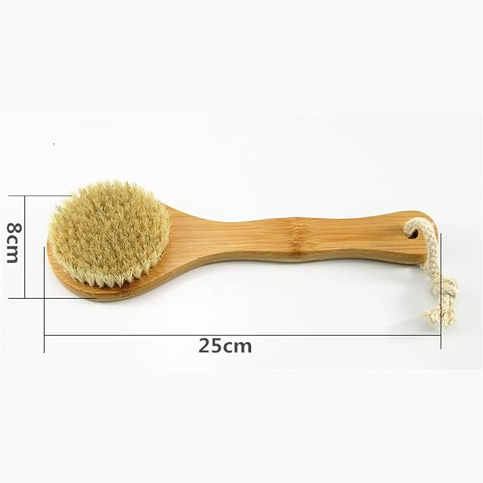 HiKin 9.84" Short Handle Dry Body Brush Back Scrubber, Bamboo Handle and Natural Boar Bristles Bath & Shower Brush, Good for Blood Circulation, Exfoliating, Cellulite and Detox, etc.