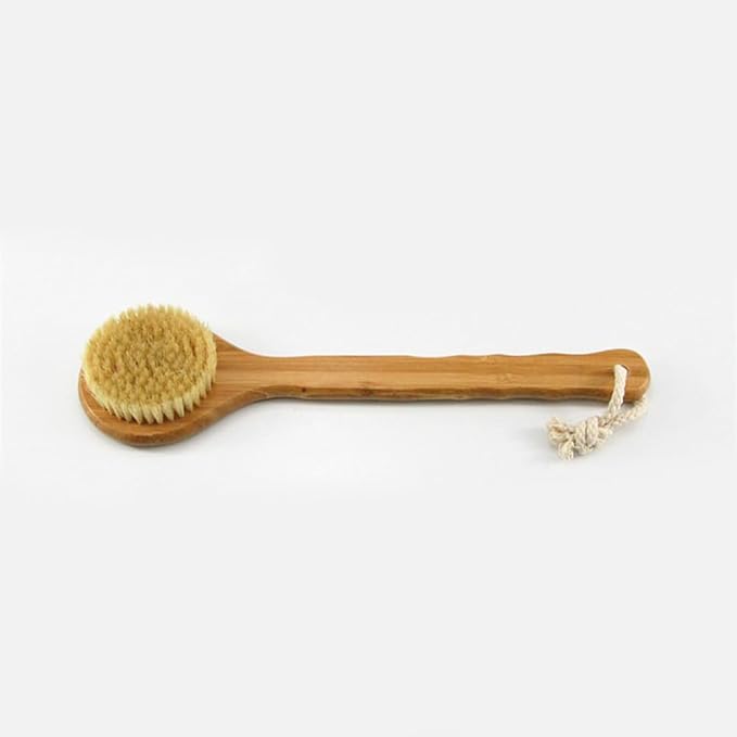 HiKin 12.6" Long Handle Dry Bath Body Brush Back Scrubber, Bamboo Handle Bath Shower Brush Scrubber with Natural Boar Bristles, Good for Detox, Exfoliating, Cellulite, Blood Circulation, etc.