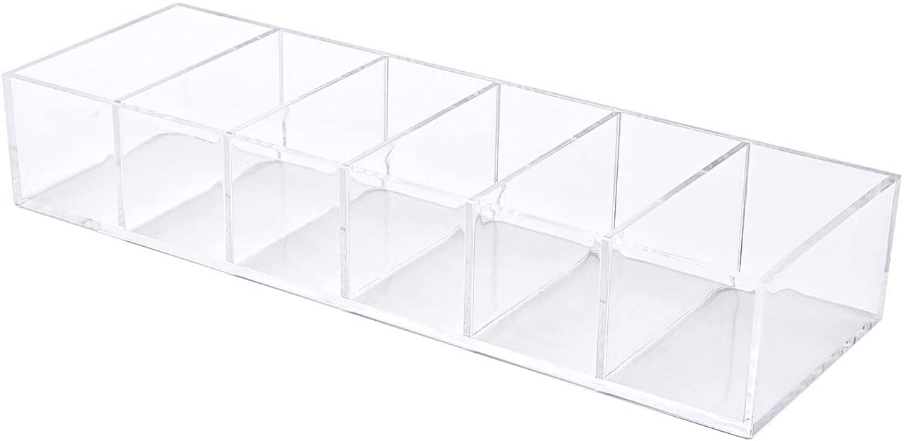 KW Collection Acrylic Makeup Organizer Cosmetic Storage Makeup Display Case Lipstick Holder Dispenser Adjustable Canister Bathroom Container (10 x 3.4 x 1.9 inches, 6 Partitions, Transparent)