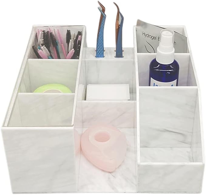 LIXIMMAZN Acrylic Large Capacity Makeup Organizer, Grafting Beauty Extension Supplies Lash Storage Display, Eyelash Storage Case Brush Tweezers Cosmetic Holder (White Marble)
