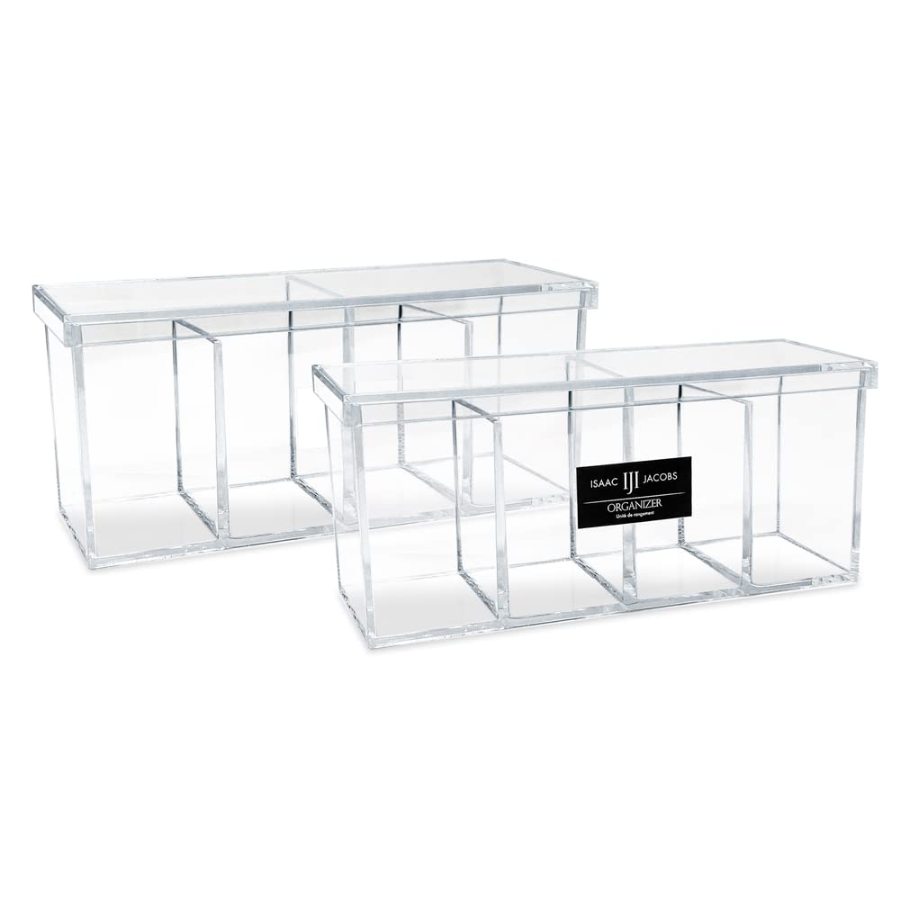Isaac Jacobs 2-Pack 4-Compartment Clear Acrylic Organizers with Lid (9” L x 3” W x 4” H), Makeup Brush Holder, Sectional Tray, Storage Solution for Makeup, Crafts, Office Supplies & More (2, Clear)