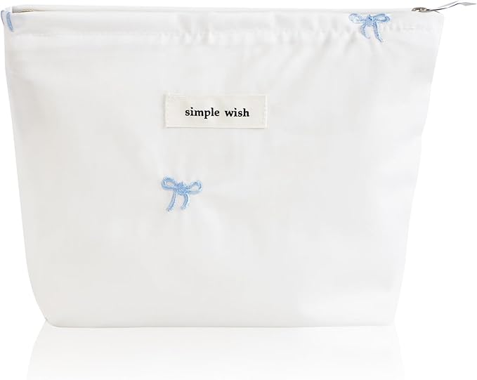 Wudygirl Makeup Bag Travel Cosmetic Bag for Women Small Makeup Pouch with Handle Zipper Cosmetic Pouch Handbag Aesthetic 8.3" x 5.9"(Blue Bow)