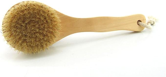 HiKin 9.84 Inch Dry Body Brush Back Scrubber, Wooden Short Handle Natural Bristles Bath & Shower Brush.