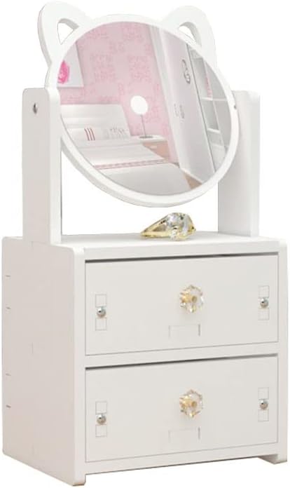 Alunsito Makeup Organizer with Cabinet and Lipstick Shelf Box, Cat Ear Mirror, Cosmetics Storage Box, Dormitory Desktop Dresser, Jewelry Organizer