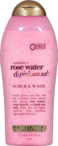 OGX Sensitive + Rose Water & Pink Sea Salt Exfoliating Body Scrub + Rose Quartz, Gentle Exfoliating Daily Wash Softens Skin, Scrub for Women, Sulfate-Free Surfactants, 19.5 fl oz (Pack of 3)