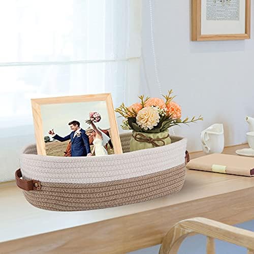Oradrem Cotton Rope Bathroom Decor Basket,Toilet Paper Holder Basket,Farmhouse Home Decor Organizing Baskets 13"x5.9"x4" Brown Stitching White