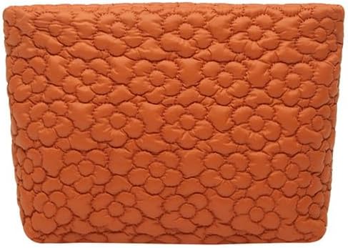 HFLZBRO Puffy Quilted Makeup Bag for Women, Cosmetic Bag, Travel Toiletry Organizer Pouch Clutch (Orange Flowers)