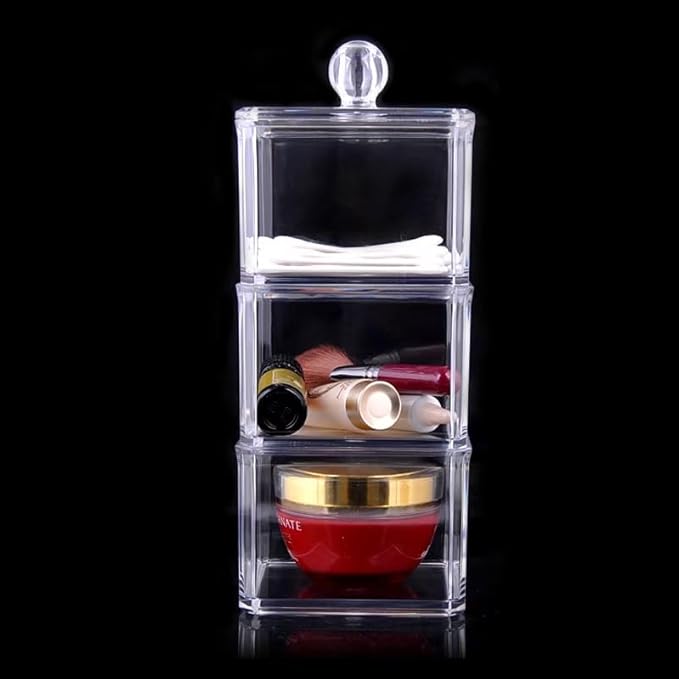 UShioart Stackable Square Acrylic Cotton Ball Holder Q-tip Holder Bathroom Swab Dispenser (3-Pack)