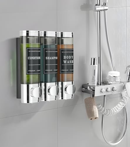 Shower Soap Dispenser Wall Mounted No Drill Shampoo Dispenser for Shower Wall Shampoo and Conditioner Dispenser Bathroom Hotel 3 * 300ml Chrome Self