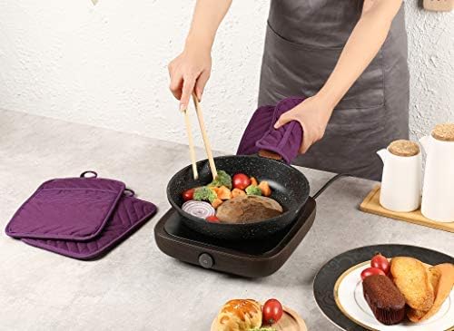 VEIKERY Oven Pot Holder with Pocket Cotton Heat Resistant Coaster Potholder Kitchen Hot Pad Oven Mitts for Cooking Square 7"x9"Set of 5 (Purple)