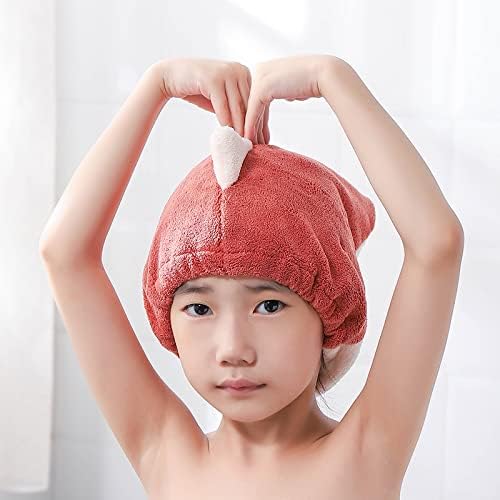 Hair Drying Towel for Kids Girls, Cute Cartoon Absorbent Quick Drying Bath Wrap Set for Bathing, Spa, Swimming Pool, Soft Microfiber Cap for Curly Long & Wet Hair, Red