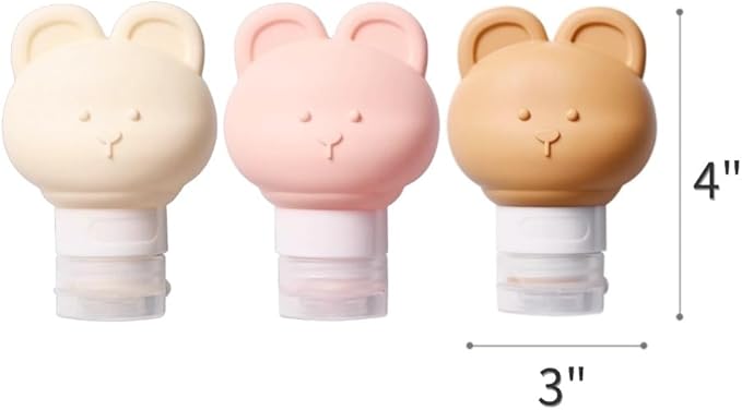 Cute Bear Travel Bottles Set for Toiletries 3 Pack 2.8oz 80ML Leak Proof Silicone Containers for Conditioner Shampoo Lotion (Beige)