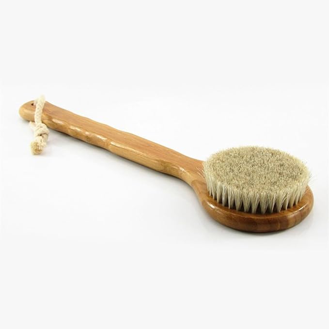 HiKin 12.6” Long Handle Dry Bath Body Brush Back Scrubber, Bamboo Handle Shower Brush with Soft Horsehair Mane Natural Bristles, Great for Detox, Exfoliating, Cellulite, Blood Circulation, etc.