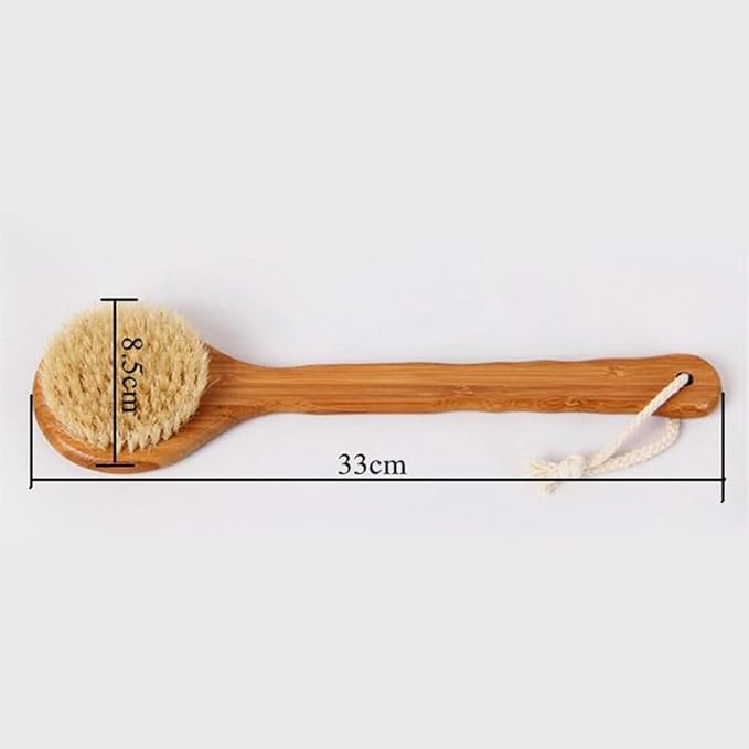 HiKin 12.6" Long Handle Dry Bath Body Brush Back Scrubber, Bamboo Handle Bath Shower Brush Scrubber with Natural Boar Bristles, Good for Detox, Exfoliating, Cellulite, Blood Circulation, etc.