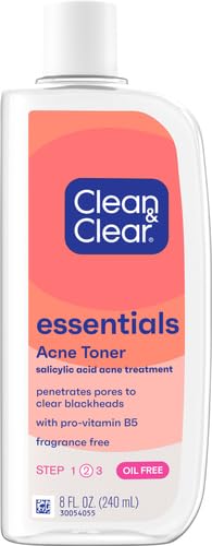 Clean & Clear Essentials Oil-Free Acne Toner, 2% Salicylic Acid Acne Treatment, Gentle Facial Toner for Pimples Cleanses Pores to Clear & Remove Blackheads, Fragrance Free, 8 fl. oz (Pack of 2)