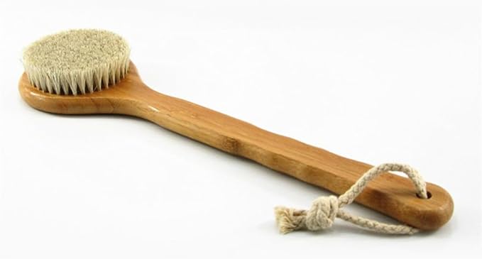 HiKin 12.6” Long Handle Dry Bath Body Brush Back Scrubber, Bamboo Handle Shower Brush with Soft Horsehair Mane Natural Bristles, Great for Detox, Exfoliating, Cellulite, Blood Circulation, etc.