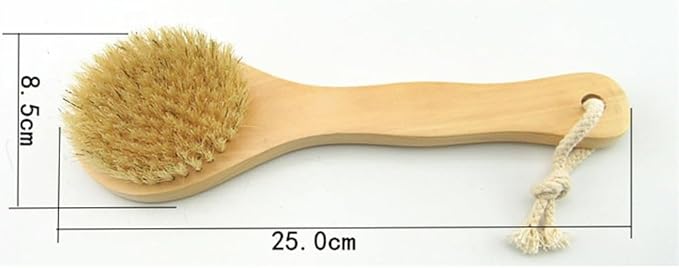 HiKin 9.84 Inch Dry Body Brush Back Scrubber, Wooden Short Handle Natural Bristles Bath & Shower Brush.