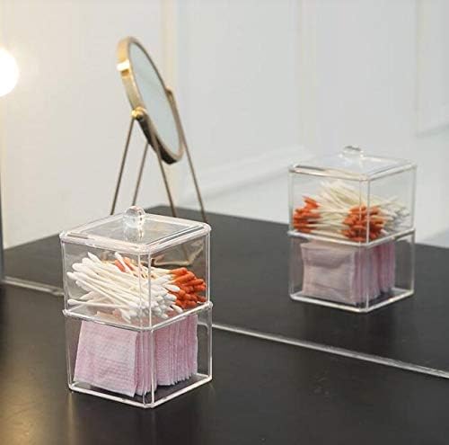 KW Collection Square Acrylic Cotton Ball Pads Gauze Swab Holder Organizer Q-tip Dispenser Storage Canister Bathroom Container Flossers Box Case (3.5 x 3.5 x 5.3 inches, Two Tiers, Transparent)