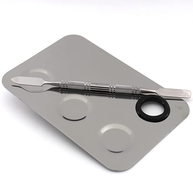 Miamay 6 by 4 Inches Makeup Palette Stainless Steel 3-dents Nail-art Cosmetic Artist Mixing Palette with 6 Inches Spatula Tool