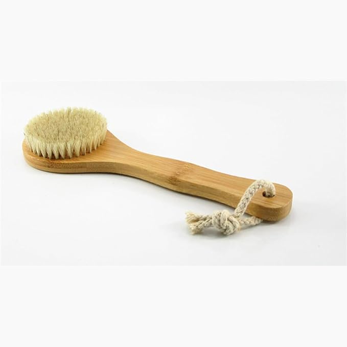 HiKin 9.84" Short Handle Dry Body Brush Back Scrubber, Bamboo Handle and Natural Boar Bristles Bath & Shower Brush, Good for Blood Circulation, Exfoliating, Cellulite and Detox, etc.