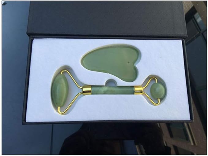 rosenice Jade Stone Gua Sha Facial Massage Tool Set Face Massager Roller and Scraping Plate for Neck Face and Daily Skin Care Routine Green Set 5.90 X 1.96 X 1.18 in