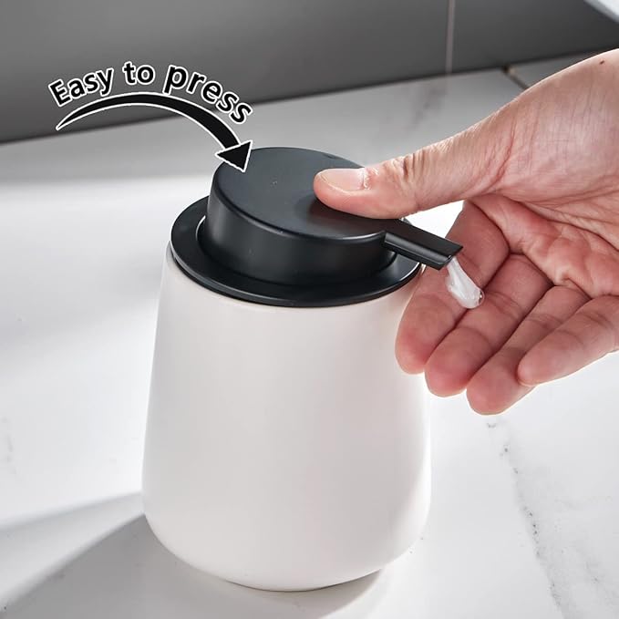 12Oz Hand Soap Dispenser Set - 2 Pack Ceramic Lotion Soap Dispenser Set with Easy-to-Press Black Pump, Refillable Mordern Liquid Dish Soap Dispensers for Bathroom & Kitchen (White, Liquid Pump)