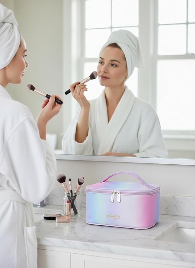 Gradient Travel Makeup Bag for Women, PU Leather Cosmetic Bag, Rainbow Pink
