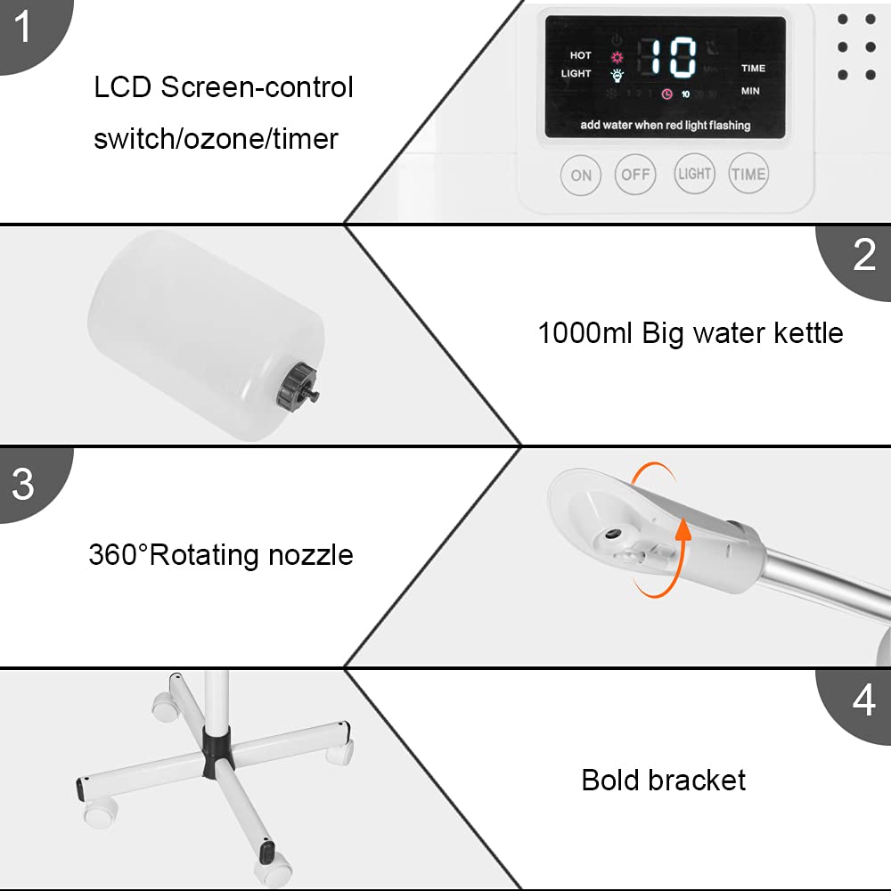 Upgrade Professional LCD Facial Steamer with Hot Mist, Esthetician Steamer for Salon Spa & Home, Stand Facial Steamer On Wheels, 33.8oz Large Upper Inlet Cup & 50s Fast Heating