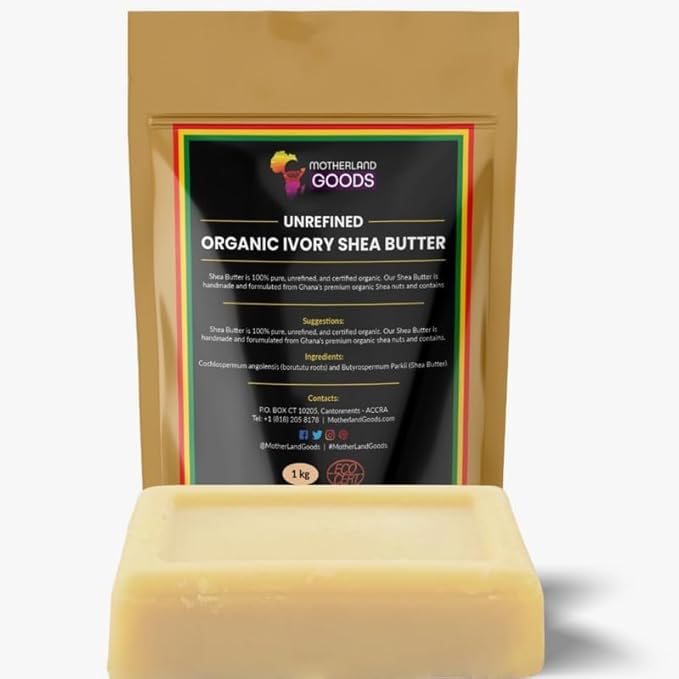 Motherland Goods 100% Raw Unrefined Organic Ivory Shea Butter, For All SkinTypes, Spread Easy to Moisturize Dry Skin, DIY Skincare like Body Butters and Hair Care (8 Oz)