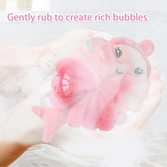Bath Loofahs,Ttdesefu Kids Toddler Body Sponge Cute Cartoon Kids Loofah,Bath Sponge Shower Puff Soft Loofah Sponge Pouf Exfoliating Mesh Shower Ball (Animal，2 Pcs) (Dark Pink,Blue)