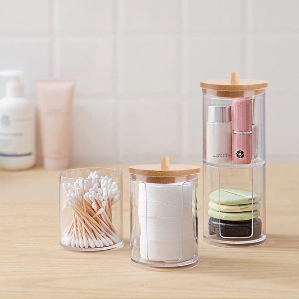 WJASI Qtip Holder Dispenser with Cotton Pads Jar Set Bamboo Lid Stackable Bathroom Counter Acrylic Organizer to Storage Cotton Ball Cotton Swab and Bath Salts