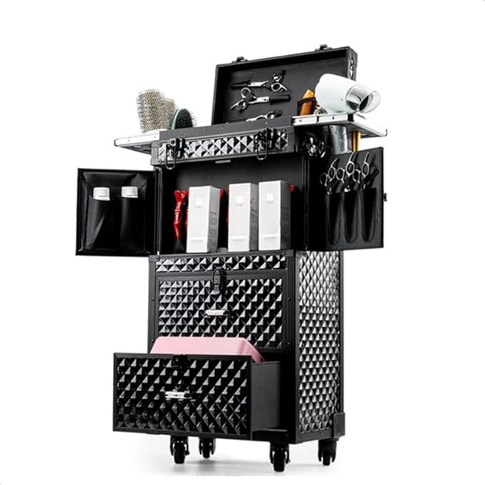 CNCEST Beauty Salon Luggage, Rolling Lockable Hair Stylist Travel Case Hairdressing Trolley Stylist Beauty Salon Cosmetic Luggage Travel Organizer Tool Box with Hair Dryer Holder
