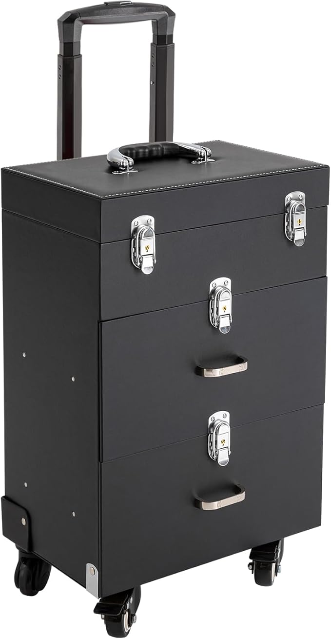 SuiYuLn 44.09lbs Lockable Makeup Train Case,Rolling Hairdressing Trolley,Beauty Salon Cosmetic Luggage with Universal Wheels for Hair Stylist,Make-up Artists (Black 6)