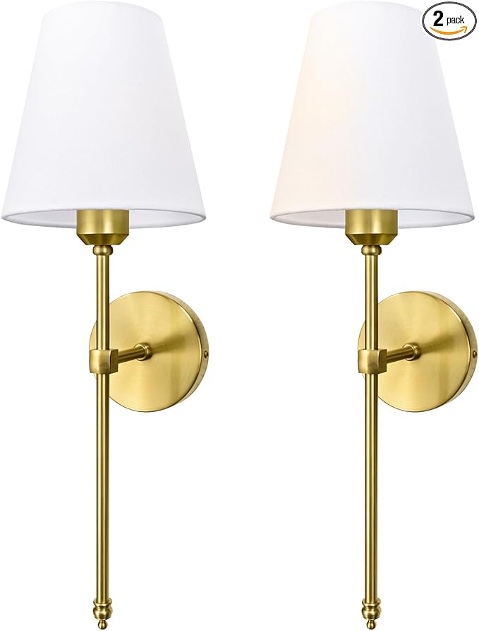 Bsmathom Wall Sconces Sets of 2, Hardwired Classic Brushed Brass Sconces Wall Lighting, Bathroom Vanity Light Fixture with Fabric Shade for Bedroom Living Room Hallway Kitchen, Bright Gold