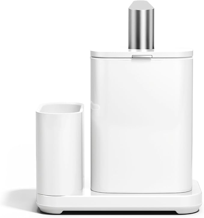 simplehuman Pulse Pump, 16 oz. with Caddy, Premium Soap Dispenser for Kitchen and Bathroom, Drip and Clog Free Valve, Mess-Free Wide Refill, Magnetic Caddy for Sponge, White Stainless Steel