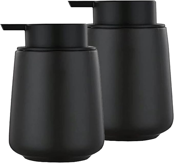 12Oz Hand Soap Dispenser Set - 2 Pack Ceramic Lotion Soap Dispenser Set with Easy-to-Press Black Pump, Refillable Mordern Liquid Dish Soap Dispensers for Bathroom & Kitchen (Black, Liquid Pump)