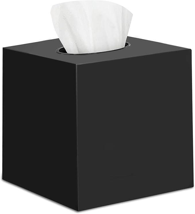 Black Tissue Box Cover – Square Tissue Box Holder for Bathroom Accessories Countertop, Decorative Tissue Cover and Square Cube Holder for Modern Home, Office or Dresser Décor