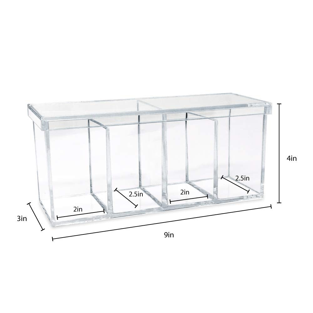 Isaac Jacobs 2-Pack 4-Compartment Clear Acrylic Organizers with Lid (9” L x 3” W x 4” H), Makeup Brush Holder, Sectional Tray, Storage Solution for Makeup, Crafts, Office Supplies & More (2, Clear)