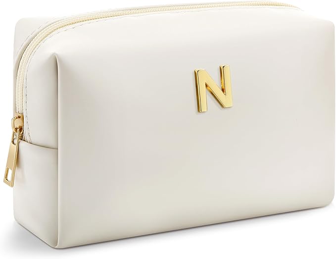 Kigeli Gifts for Women Teen Girls Gifts for Bridesmaid Mom Teachers Graduation Birthday Wedding Personalized Initial Makeup Bag Beige PU Leather Monogram Cosmetic Waterproof Travel Toiletry Bag(N)