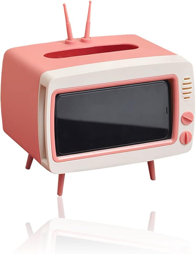 Fun Cute TV Tissue Box Holder,Multi Functional Square Tissue Box Cell Phone Holder for All Smartphone Toilet Paper Napkin Box Desktop Decoration for Room Bathroom Kitchen Dining (Pink)