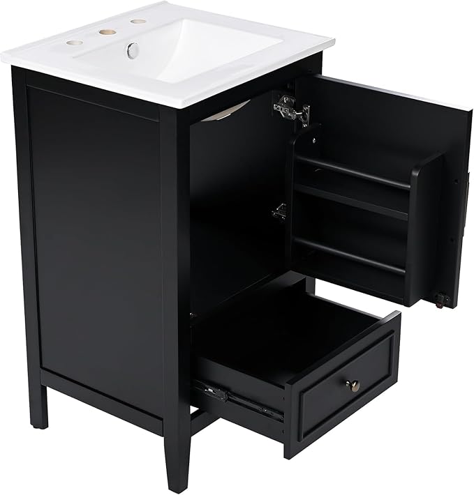 Bellemave 20-inch Bathroom Vanity with Ceramic Sink Combo Set, Solid Wood Frame Bathroom Storage Cabinet with Drawer and Soft Closing Cabinet Door with Storage Rack, Black