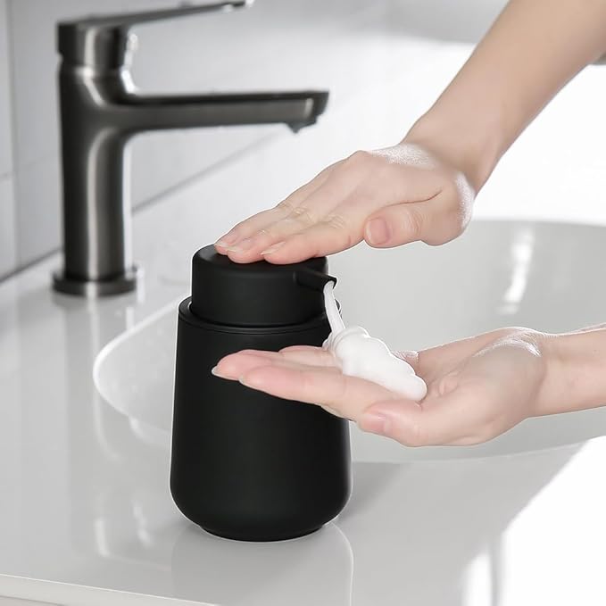 Matte Black Foaming Hand Soap Dispenser Plastic 11 oz - Modern Minimalist Style for Bathroom & Kitchen Countertop Refillable